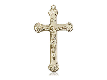 14kt solid gold Catholic crucifix pendant, medium 1⅛ inch x ⅝ inch, handcrafted in USA by Bliss Manufacturing
