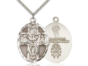 Extra large sterling silver Five-Way Holy Spirit medal necklace 1 7/8 x 1 1/4 inch with 24 inch chain by Bliss
