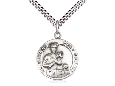Sterling silver St. Gerard medal necklace with 24-inch chain, 7/8 x 3/4 inches, handcrafted by Bliss