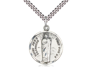 Sterling Silver St. Jude Thaddeus patron saint medal necklace 7/8 x 3/4 inches with 24 inch chain handcrafted by Bliss Manufacturing USA
