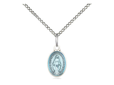 Small Sterling Silver Enameled Miraculous Medal Necklace 1/2x1/4 Blue Enamel 18 Inch Chain Bliss