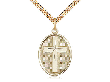14kt gold filled cross necklace 1 1/8 inch pendant with 24 inch curb chain handcrafted by Bliss USA
