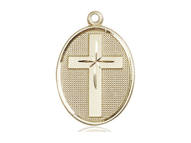 14kt solid gold medium Catholic cross pendant 1 1/8 x 3/4 inches handcrafted by Bliss Manufacturing USA