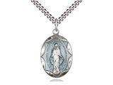 Sterling Silver Miraculous Medal Necklace with Blue Epoxy 1 x 5/8 inches on 24 inch chain by Bliss