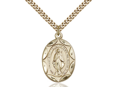 14kt Gold Filled Miraculous Medal Necklace 1 x 5/8 inch pendant with 24 inch curb chain handcrafted by Bliss