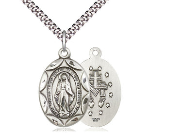 Sterling Silver Miraculous Medal Necklace 1 x 5/8 inches on 24 inch chain by Bliss