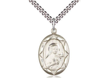 Sterling Silver St. Theresa of Lisieux Patron Saint Medal Necklace 1x5/8 inch Medium on 24 inch Chain by Bliss