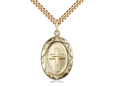 14kt Gold Filled Medium Catholic Cross Necklace 1 inch by 5/8 inch pendant on 24 inch curb chain handcrafted by Bliss Manufacturing USA