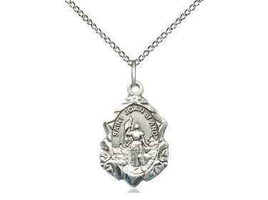 Sterling silver St. Joan of Arc patron saint medal necklace with 18 inch chain, 3/4 x 1/2 inch pendant, handcrafted in USA by Bliss Manufacturing