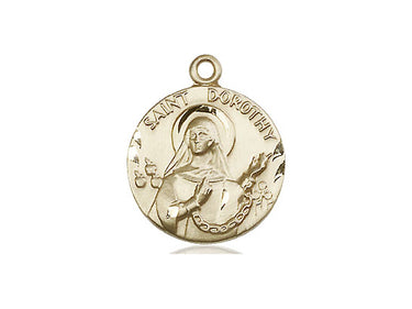 14kt solid gold St. Dorothy patron saint medal pendant, 3/4 x 5/8 inches, handcrafted by Bliss Manufacturing