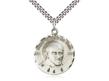 Sterling Silver St. Vincent De Paul patron saint medal necklace with 24 inch curb chain by Bliss Manufacturing
