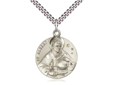 Sterling Silver St. Albert the Great Patron Saint Medal Necklace 1x7/8 inch pendant 24 inch curb chain Bliss USA