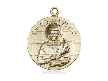 14kt solid gold St. Lawrence patron saint medal pendant, 1 inch by 7/8 inch, handcrafted by Bliss Manufacturing