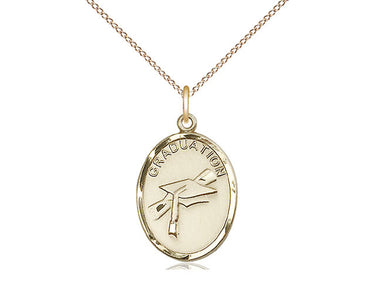 14kt Gold Filled Graduation pendant necklace, 3/4 by 1/2 inch medal on 18 inch curb chain, handcrafted by Bliss Manufacturing