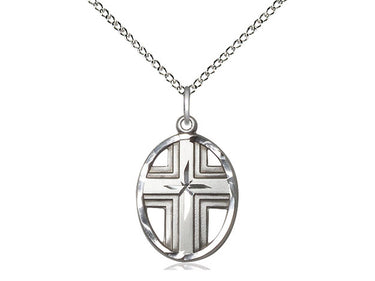 Sterling silver medium Catholic cross necklace with 3/4 x 1/2 inch pendant on 18 inch chain handcrafted by Bliss Manufacturing