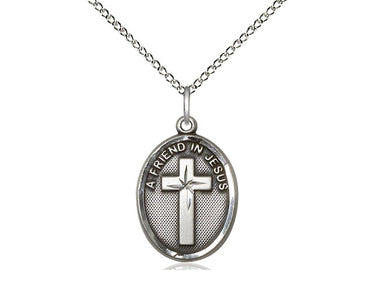 Sterling silver Friend In Jesus devotional medal necklace with 18 inch chain, handcrafted in USA by Bliss Manufacturing