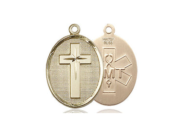 14kt solid gold medium Catholic cross and EMT medal pendant 3/4 x 1/2 inch handcrafted by Bliss Manufacturing USA