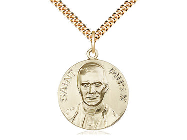 14kt Gold Filled Pope Pius X patron saint medal necklace 1 x 7/8 inch pendant 24 inch chain Bliss Manufacturing