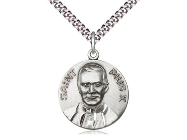 Sterling Silver Pope Pius X Patron Saint Medal Necklace with 24 inch Chain by Bliss Manufacturing USA
