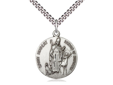 Sterling Silver St. Hubert of Liege Catholic patron saint medal necklace 1x7/8 inch with 24 inch chain by Bliss
