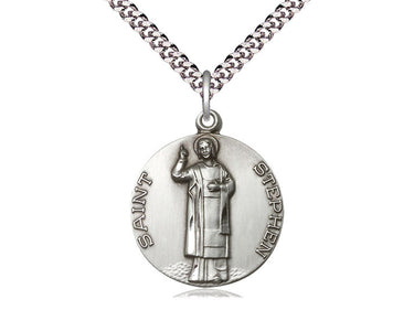 Sterling Silver St. Stephen Patron Saint Medal Necklace 1 inch by 7/8 inch on 24 inch chain handcrafted by Bliss Manufacturing USA