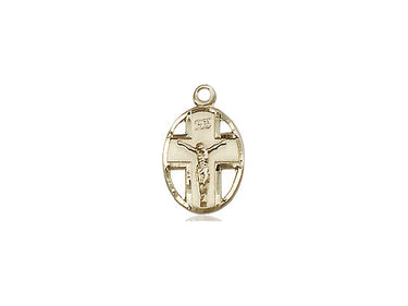 14kt solid gold small crucifix pendant 1/2 inch by 1/4 inch handcrafted by Bliss Manufacturing USA