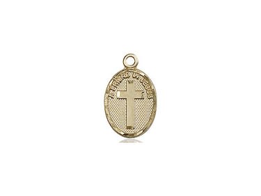 14kt solid gold small Friend In Jesus cross pendant, 1/2 inch by 1/4 inch, handcrafted in USA by Bliss Manufacturing
