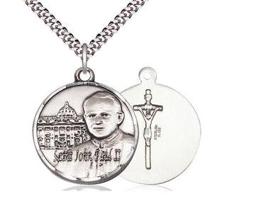 Sterling silver St. John Paul II Vatican patron saint medal necklace with 24 inch chain, 1 x 7/8 inch pendant, handcrafted by Bliss USA