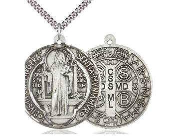 Large Sterling Silver St. Benedict Patron Saint Medal Necklace 1 5/8 x 1 1/2 inch with 24 inch Chain Handcrafted by Bliss