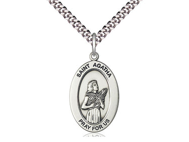 Sterling Silver St Agatha Patron Saint Medal Necklace 1 inch by half inch on 24 inch curb chain handcrafted by Bliss Manufacturing USA