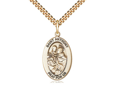 14kt gold filled St. Anthony of Padua patron saint medal necklace, 1 inch by half inch pendant on 24 inch chain, handcrafted by Bliss USA