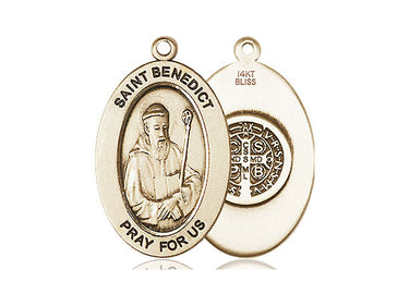 14kt solid gold medium St. Benedict medal pendant 1 x 1/2 inches handcrafted in USA by Bliss