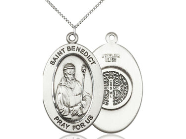 Sterling Silver St. Benedict Patron Saint Medal Necklace 1x1/2 inch with 18 inch Chain by Bliss