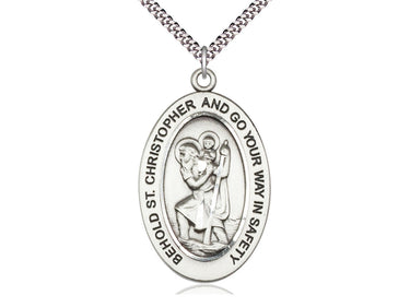 Sterling Silver St. Christopher Patron Saint Medal Necklace 1 inch by half inch with 24 inch chain by Bliss Manufacturing