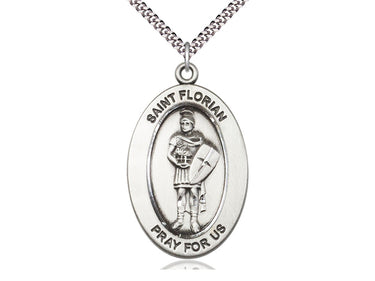 Sterling silver St. Florian patron saint medal necklace, 1 inch medal on 24 inch curb chain, Bliss Manufacturing