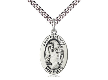 Medium Sterling Silver St. Genevieve Patron Saint Medal Necklace 1 x 1/2 on 24 Inch Chain by Bliss
