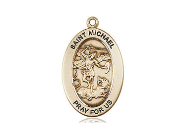 14kt solid gold St. Michael the Archangel medal pendant, 1 inch by half inch, handcrafted in USA by Bliss Manufacturing