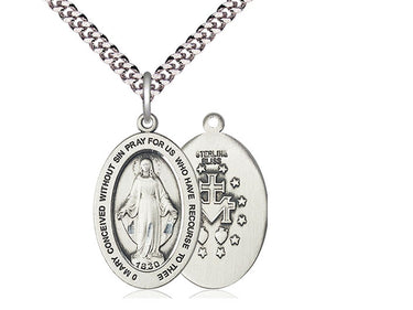 Sterling Silver Medium Miraculous Medal Necklace 1 inch by half inch pendant with 24 inch chain by Bliss Manufacturing