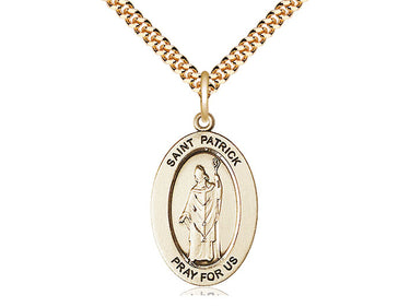14kt Gold Filled St. Patrick Patron Saint Medal Necklace 1 inch by half inch with 24 inch curb chain handcrafted by Bliss Manufacturing USA