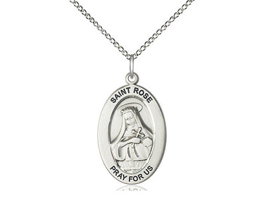 Sterling silver St. Rose of Lima patron saint medal necklace, 1 inch by half inch pendant on 18 inch chain, handcrafted by Bliss Manufacturing USA