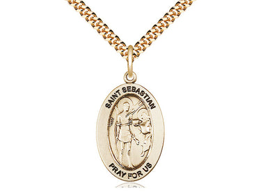 14kt Gold Filled St. Sebastian Patron Saint Medal Necklace 1×1/2" on 24" Curb Chain by Bliss Manufacturing