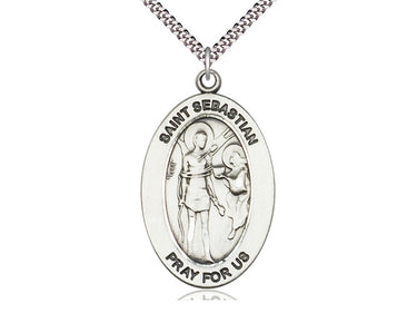 Sterling Silver St. Sebastian Patron Saint Medal Necklace 1 inch by half inch with 24 inch Chain Bliss USA