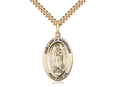 Gold Filled Our Lady of Guadalupe Medal Necklace 1x1/2 inch pendant on 24 inch curb chain by Bliss