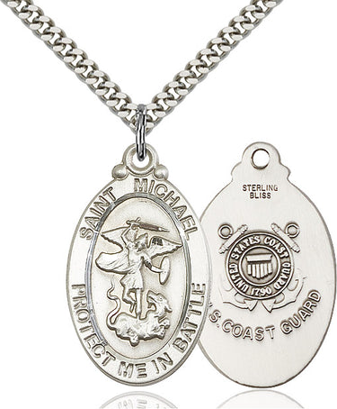 Sterling Silver St Michael Coast Guard Medal Necklace 1-1/8x5/8 inch 24 inch chain Bliss Manufacturing