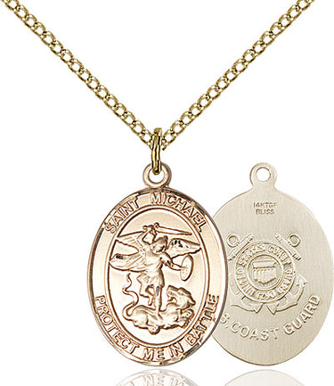 14kt Gold Filled St. Michael the Archangel medal necklace with Coast Guard emblem, 3/4 inch pendant on 18 inch chain, handcrafted by Bliss Manufacturing
