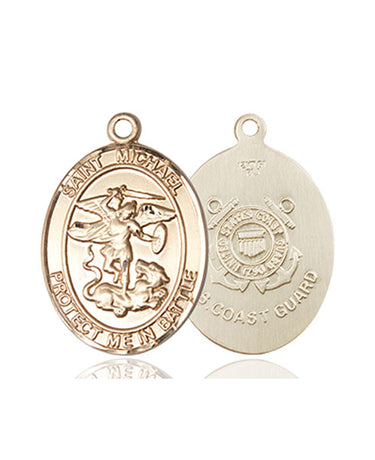 14kt Solid Gold St. Michael the Archangel medal pendant with Coast Guard emblem, 3/4 inch medium size, handcrafted by Bliss Manufacturing USA