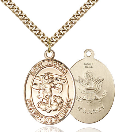 14kt Gold Filled St Michael Patron Saint Army Medal Necklace 1x5/8 inch 24 inch Chain Bliss USA