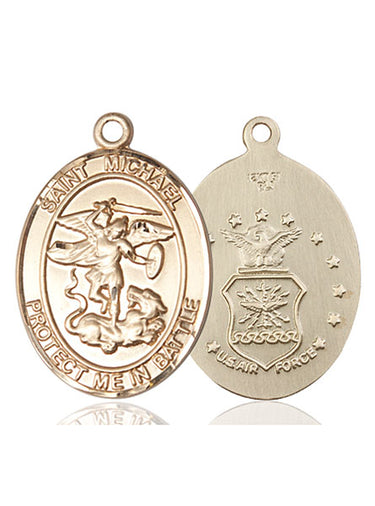 14kt solid gold St. Michael Air Force medal pendant, 1 inch by 5/8 inch, handcrafted by Bliss Manufacturing