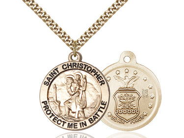 14kt gold filled St. Christopher Air Force patron saint medal necklace, 1 x 1 5/8 inch, 24 inch curb chain, handcrafted in USA by Bliss