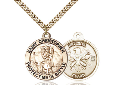 14kt Gold Filled St. Christopher National Guard patron saint medal necklace, 1 inch by 1 5/8 inch pendant with 24 inch chain by Bliss